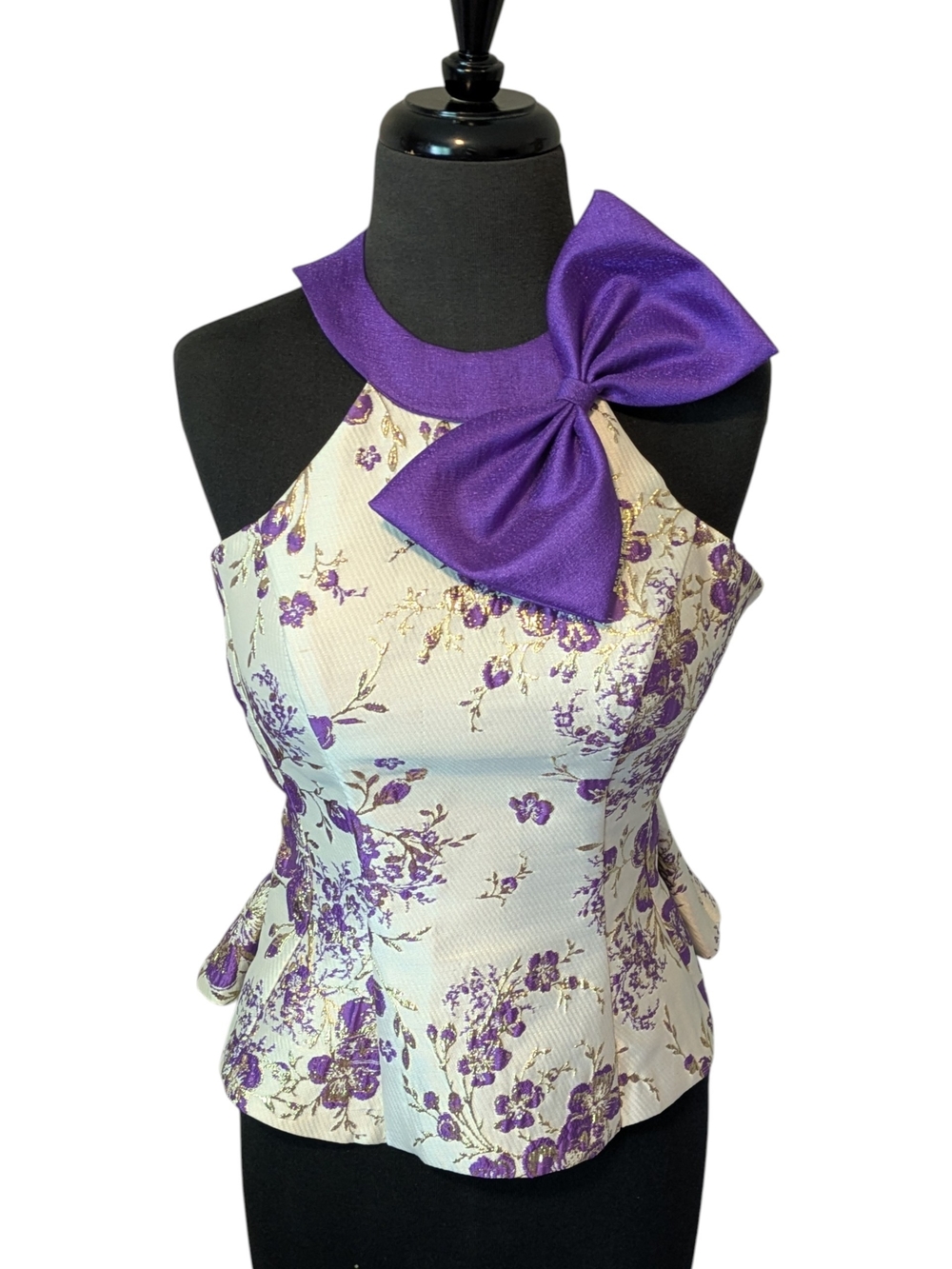 Handmade Women's Floral Purple, Gold & Ivory Bow Halter Top-- See Measurements